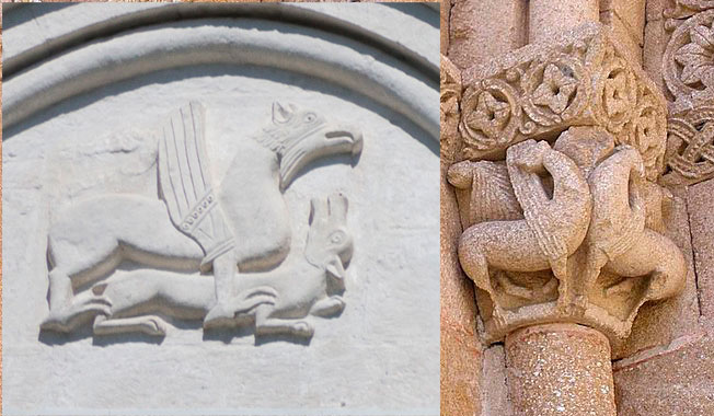 Грифон, рельеф Покрова на Нерли в сравнении с капителями с фасада церкви Сан Сегундо (Испания, середина 12 века)